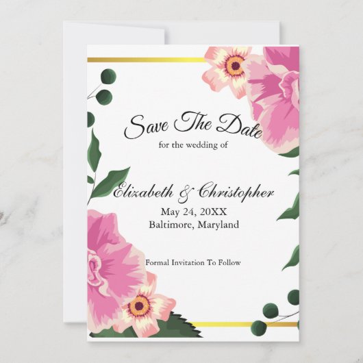 Roze Groene Bloemige Gouden Rand Bruiloft Save The Date (Voorkant)