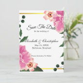 Roze Groene Bloemige Gouden Rand Bruiloft Save The Date (Staand voorkant)