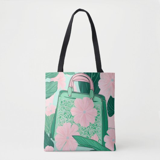 Roze & Groene Bloemige Trompe L'oeil Handtas Illus (Voorkant)
