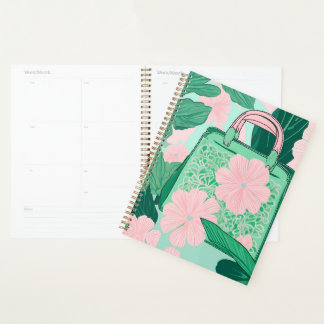 Roze & groene bloemige Trompe L'oeil handtas illus Planner