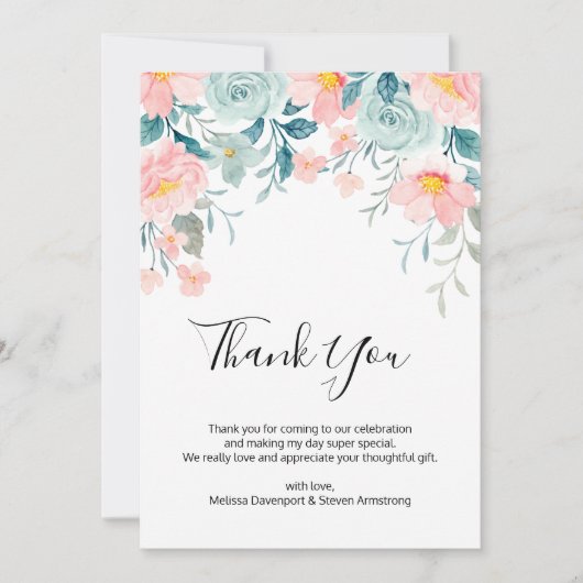 Roze & Groene Bloemrijke Rand Elegante Trouw Bedankkaart (Voorkant)