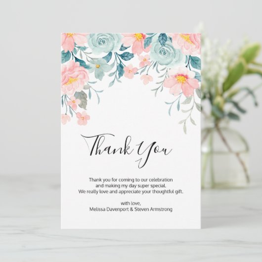 Roze & Groene Bloemrijke Rand Elegante Trouw Bedankkaart (Staand voorkant)