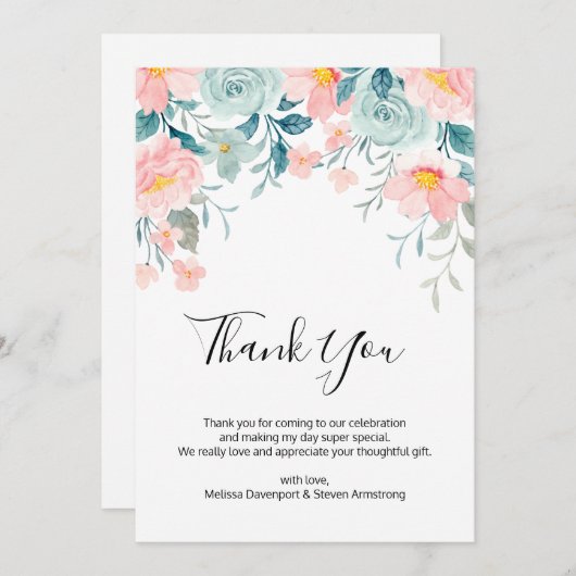 Roze & Groene Bloemrijke Rand Elegante Trouw Bedankkaart (Voorkant / Achterkant)