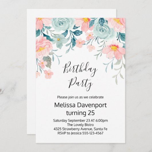 Roze & Groene Bloemrijke Rand Verjaardag Kaart (Voorkant / Achterkant)