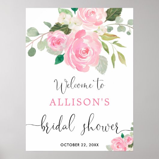 Roze groene bloemstuk bruiloft welcome bord poster (Voorkant)