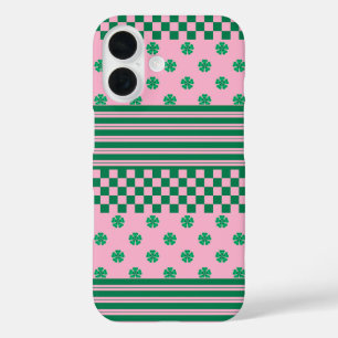 Roze Groene Boho Controleer Bloemen Strepen Patroo iPhone 16 Hoesje
