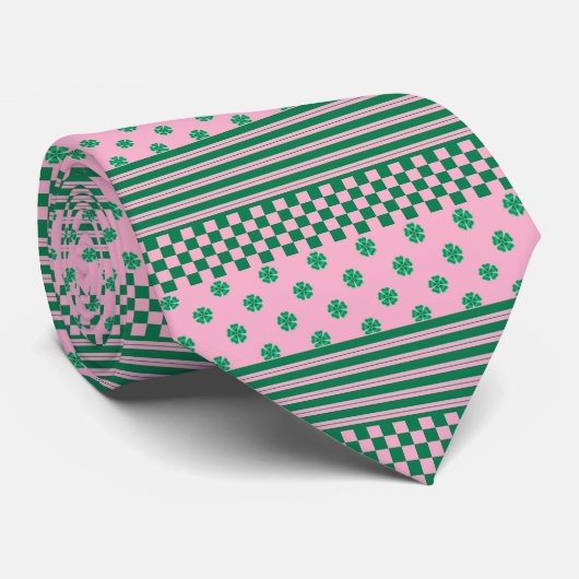 Roze Groene Boho Controleer Bloemen Strepen Patroo Stropdas (Opgerold)