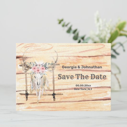 Roze groene Boho herten geweien stam veren Opslaan Save The Date (Staand voorkant)