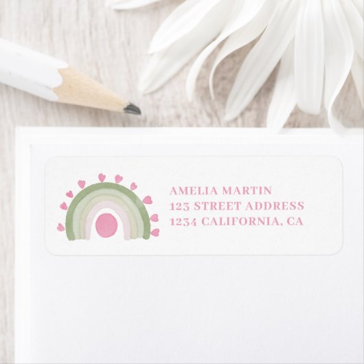 Roze groene boho regenboogzon baby shower etiket (Insitu)