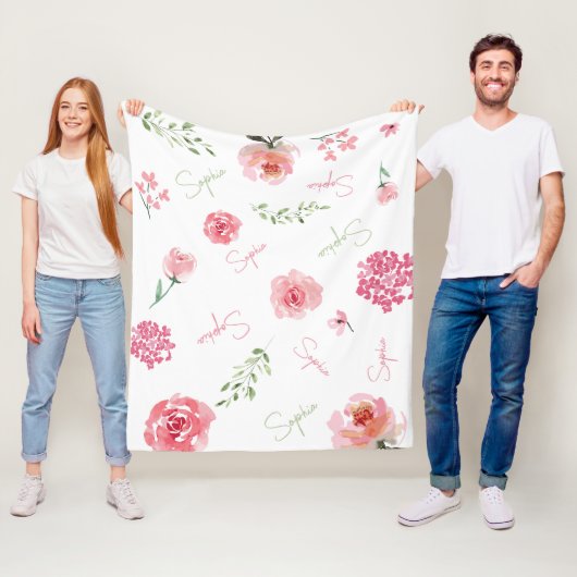 Roze Groene Boho waterverf bloemen gepersonaliseer Fleece Deken (In situ)