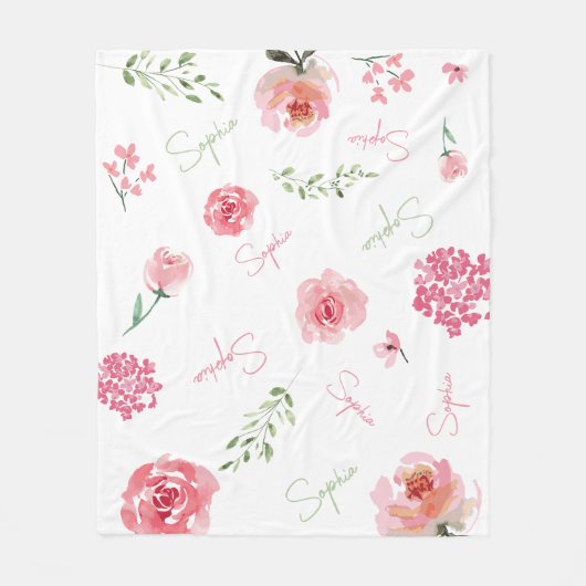 Roze Groene Boho waterverf bloemen gepersonaliseer Fleece Deken (Voorkant)