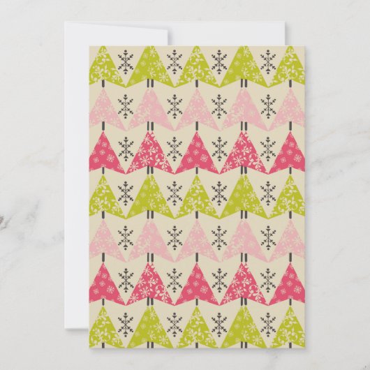 Roze & groene bomen met sneeuwvlokken feestdagenkaart (Voorkant)