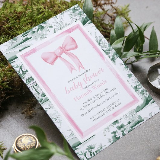 Roze & Groene Boog Chinoiserie Monogram Baby showe Kaart