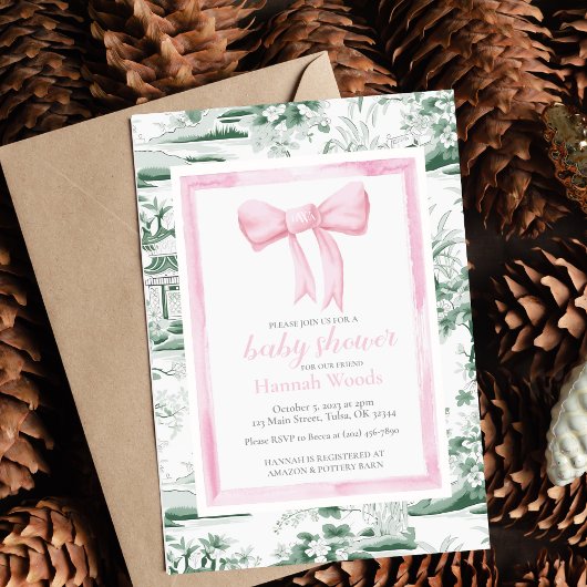 Roze & Groene Boog Chinoiserie Monogram Baby showe Kaart