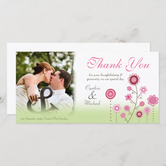 Roze Groene bruiloft Dank u Foto Template Kaart (Voorkant / Achterkant)