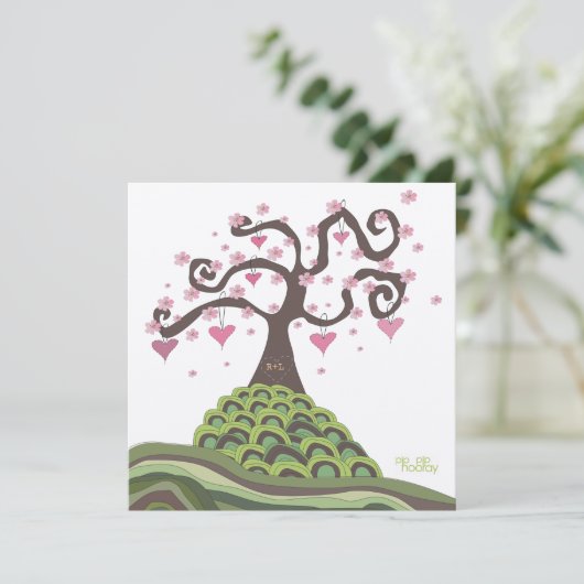 Roze groene bruiloft Monogram Blossom Tree Invite Kaart (Staand voorkant)