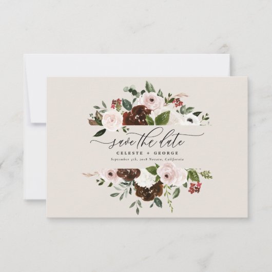 Roze, groene bruine bruine bruine bruinkoolbruilof save the date (Voorkant)