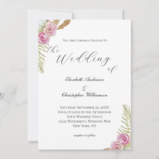 Roze groene bruine Floral Boho Waterverf Wedding Kaart (Voorkant)