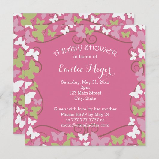 Roze groene Butterflies Baby shower Uitnodiging (Voorkant / Achterkant)
