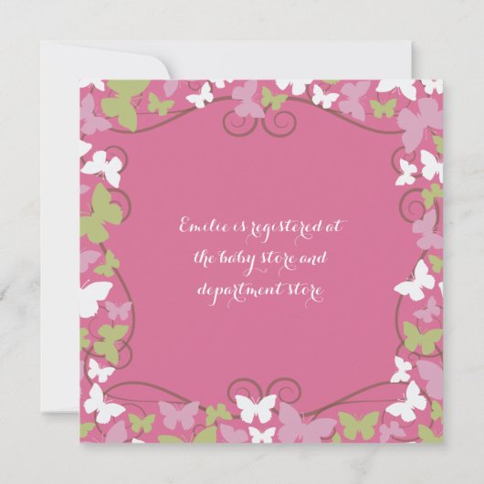 Roze groene Butterflies Baby shower Uitnodiging (Achterkant)