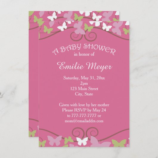 Roze groene Butterflies Baby shower Uitnodiging (Voorkant / Achterkant)