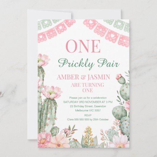 Roze groene Cactus One Prickly Pair 1st Birthday Kaart (Voorkant)