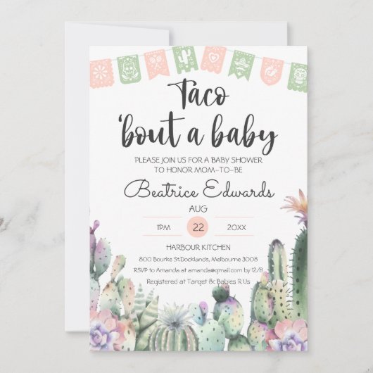 Roze groene Cactus Taco Bout A Baby shower RSVP Kaart (Voorkant)