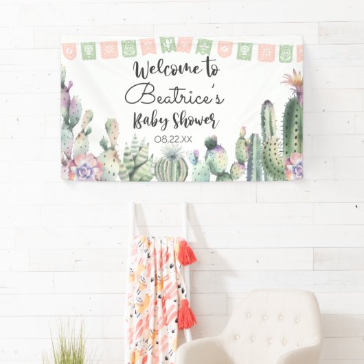 Roze groene Cactus Taco Bout A Baby shower RSVP Spandoek (Insitu)