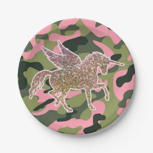 Roze Groene Camo Camouflage & Gouden Glitter Eenho Papieren Bordje