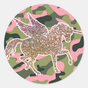 Roze Groene Camo Camouflage & Gouden Glitter Eenho Ronde Sticker