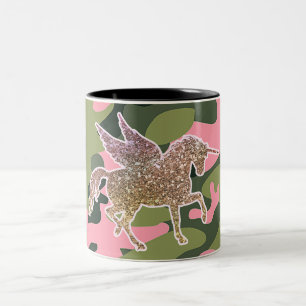Roze Groene Camo Camouflage & Gouden Glitter Eenho Tweekleurige Koffiemok