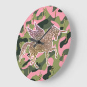 Roze groene Camouflage & Gold Glitter Unicorn Grote Klok (Hoek)
