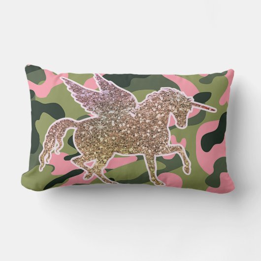 Roze groene Camouflage & Gold Glitter Unicorn Kussen (Voorkant)