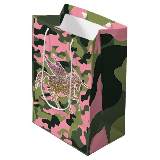 Roze groene Camouflage & Gold Glitter Unicorn Medium Cadeauzakje (Voorkant Gekanteld)