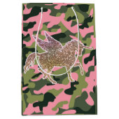 Roze groene Camouflage & Gold Glitter Unicorn Medium Cadeauzakje (Voorkant)