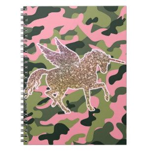 Roze groene Camouflage & Gold Glitter Unicorn Notitieboek