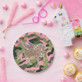 Roze groene Camouflage & Gold Glitter Unicorn Papieren Bordje (Feest)