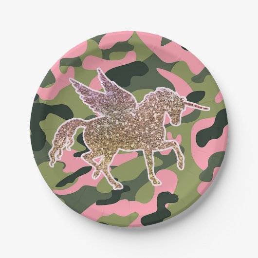 Roze groene Camouflage & Gold Glitter Unicorn Papieren Bordje (Voorkant)