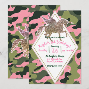 Roze Groene Camouflage & Gold Unicorn Party Kaart