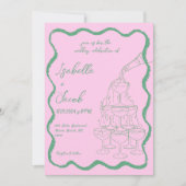 Roze Groene Champagne Toren Golvende Retro Bruilof Kaart (Voorkant)