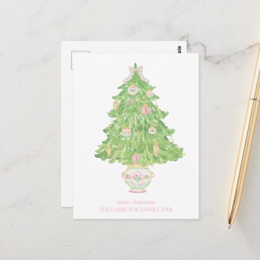 Roze & Groene Coquette Bow Preppy Kerstmis Briefkaart (Voorkant / Achterkant in situ)