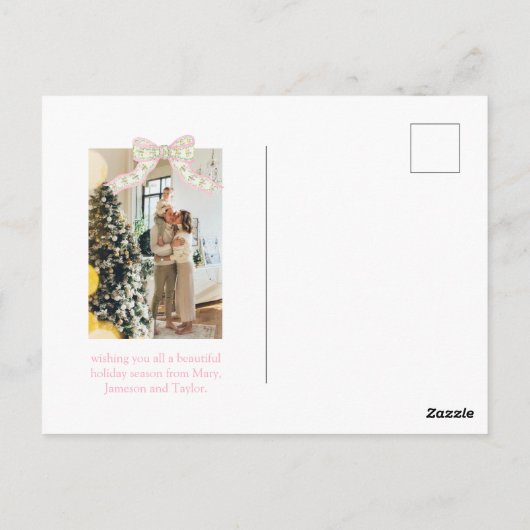 Roze & Groene Coquette Bow Preppy Kerstmis Briefkaart (Achterkant)