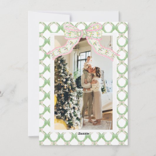 Roze & Groene Coquette Bow Preppy Kerstmis Feestdagenkaart (Achterkant)