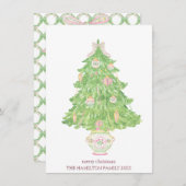 Roze & Groene Coquette Bow Preppy Kerstmis Feestdagenkaart (Voorkant / Achterkant)