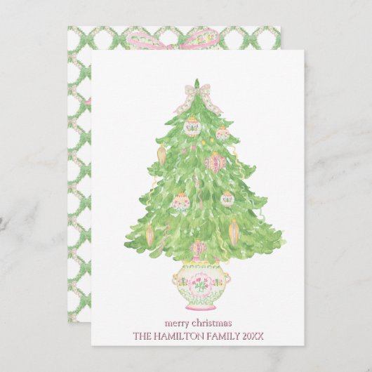 Roze & Groene Coquette Bow Preppy Kerstmis Feestdagenkaart (Voorkant / Achterkant)