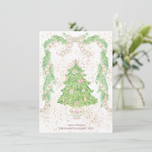 Roze & Groene Coquette Bow Preppy Kerstmis Feestdagenkaart (Staand voorkant)