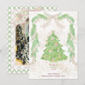 Roze & Groene Coquette Bow Preppy Kerstmis Feestdagenkaart (Voorkant / Achterkant)
