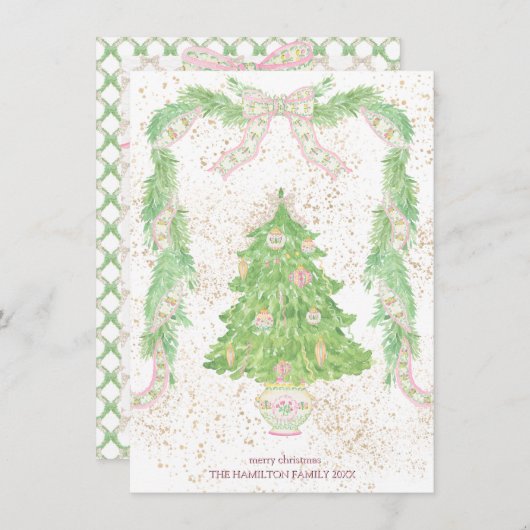Roze & Groene Coquette Bow Preppy Kerstmis Feestdagenkaart (Voorkant / Achterkant)