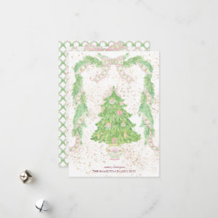 Roze & Groene Coquette Bow Preppy Kerstmis Feestdagenkaart