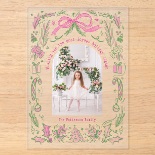 Roze Groene Coquette Kerst Familie Foto Doodles Acryl Uitnodigingen